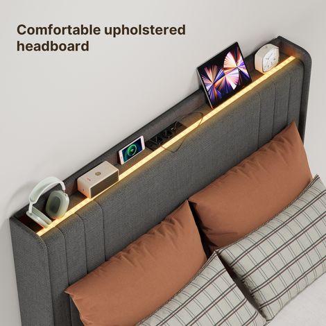 Lit Simple Capitonné 120 x 200 cm avec Prise et Tête de Lit LED Réglable Rangement Bealife Sommier à Lattes Tissu en Lin Lit Enfant Adolescent Gris Foncé — photo 5