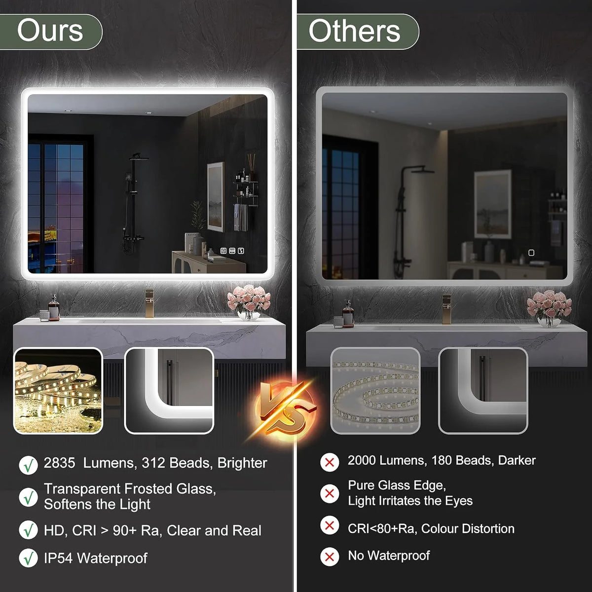 2026 Miroir de salle de bain S'bagno avec éclairage 1200 x 700 mm, IP44, LED, Bluetooth, antibuée, 3 couleurs de lumière (3 0