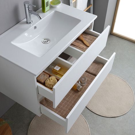 Kiamami Valentina – Meuble de salle de bains suspendu 80cm blanc export avec lavabo en céramique – 2 tiroirs avec fermeture amortie – Design moderne — photo 3