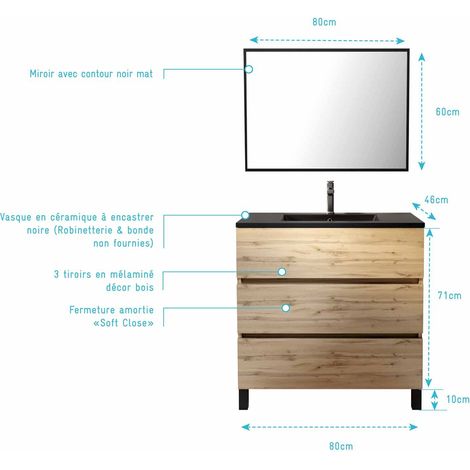 meuble salle de bains 80cm décor chene naturel 3 tiroirs - vasque noire et miroir - timber — photo 4