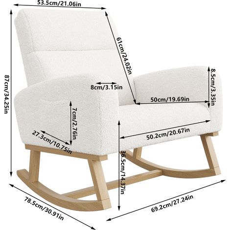 Eifson – Fauteuil à bascule scandinave en tissu sherpa – Dossier inclinable – Accoudoirs avec poches de rangement – Pieds en bois massif – 69x78x87cm — photo 2