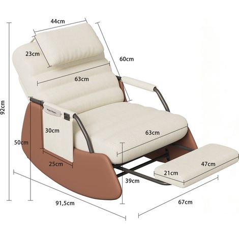 Rocking chair avec repose-pieds pliable, Fauteuil à bascule et chaise de relaxation, dossier réglable à 3 positions, velours côtelé, style moderne, beige — photo 5