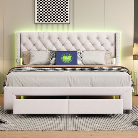Lit 180x200 cm, 2 places, avec 2 tiroirs, LED, décoration par rivets, USB, poche latérale de rangement, sommier à lattes en bois, cadre en métal, lit capitonné en velours - Beige — photo 3