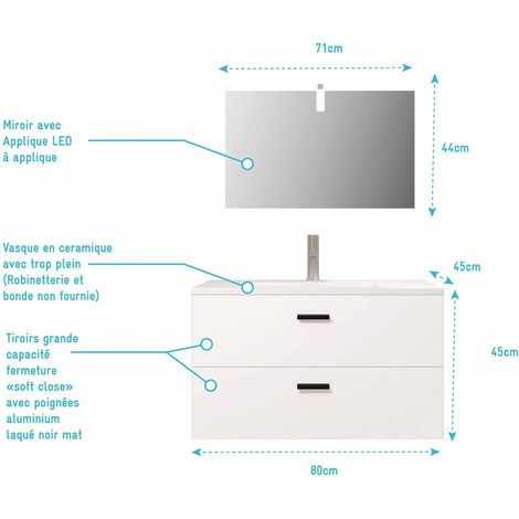 meuble salle de bains 80 cm 2 tiroirs blanc avec vasque blanche, miroir et applique led - box led — photo 4