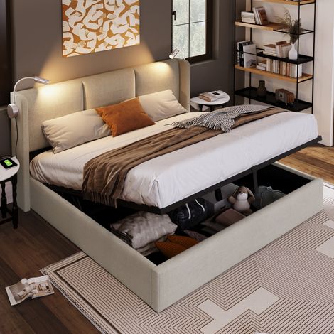 Sunfecili – Lit coffre 160x200 avec sommier – Liseuse intégrée – Chargement USB – Espace de rangement hydraulique – Lin beige – Dimensions 206x165x107 cm — photo 1