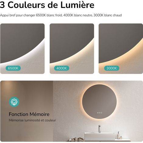 EMKE Miroir lumineux salle de bain rond diamètre 50cm, Miroir LED rétro-éclairage avec Interrupteur Tactile, Anti-buée, Miroir avec éclairage Lumière Blanche Froide/Neutre/Chaude — photo 2