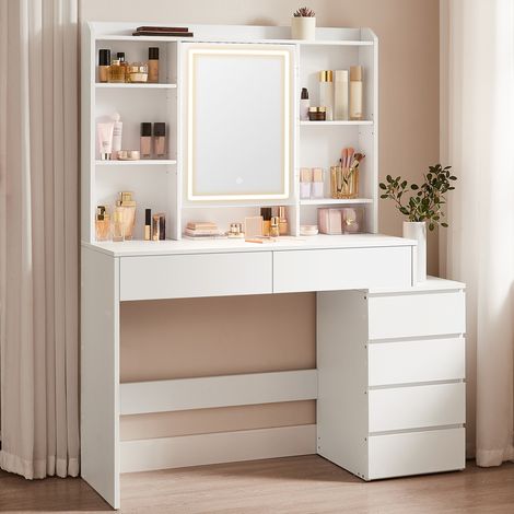 Vasagle – Coiffeuse enfant avec grand miroir LED – 7 compartiments ouverts, 6 tiroirs, étagères réglables – Dimensions 40 x 117,5 x 145 cm – Blanc nuage — photo 1