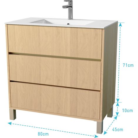 pack meuble salle de bains 80 cm chêne clair, 3 tiroirs avec vasque céramique - xenos — photo 5