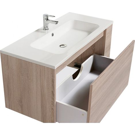 Le Quai Des Affaires – Meuble sous vasque avec vasque VESNA – Décor chêne blanchi – 1 tiroir – Dimensions L100xP46xH50 cm – Résine blanc brillant — photo 3