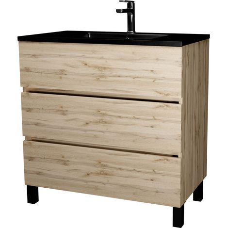 meuble de salle de bains 80 cm 3 tiroirs chêne naturel + vasque céramique noire - timber — photo 3
