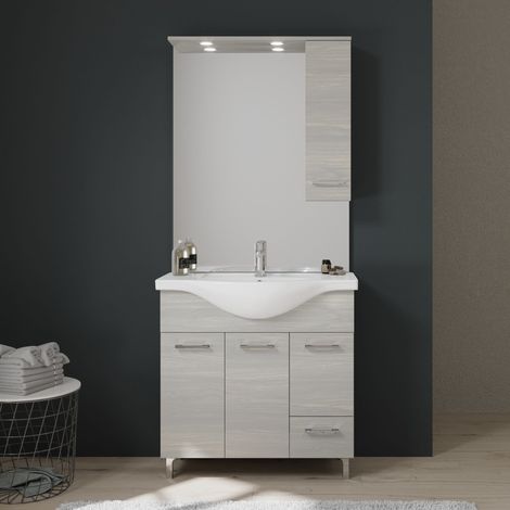 Kiamami Valentina – Meuble de salle de bains 85 cm – Lavabo céramique central – 3 portes et 1 tiroir – Finition chêne gris avec pieds chromés — photo 1