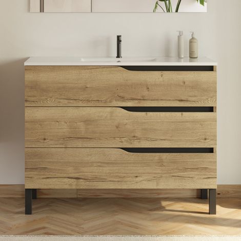 Meuble de salle de bain 100cm simple vasque - sans miroir - 3 tiroirs - madera miel (bois clair) - MATA — photo 1