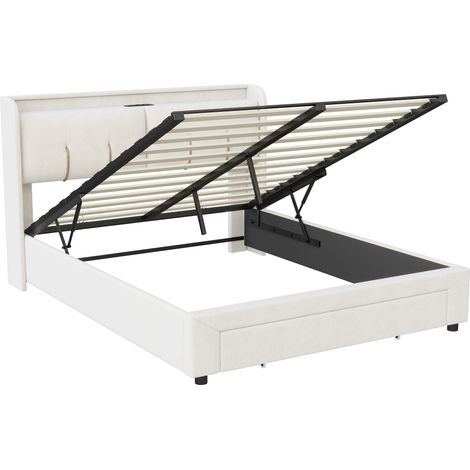 Tanant – Lit coffre 140x190 cm en tissu velours beige – Avec ports USB et Type-C – Tiroir de rangement – Tête de lit éclairée LED – Sommier à lattes — photo 3