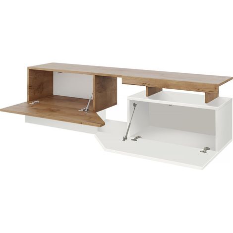 Mobilier1 – Meuble TV blanc et chêne wotan 160x47x35cm – 2 portes – Panneau stratifié 16mm – Système 'Push to Open' pour accès facile — photo 5