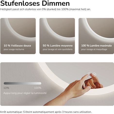EMKE Miroir salle de bain rond avec éclairage avec Interrupteur tactile, Anti-buée, 3 Couleurs de lumière, Dimmable, Fonction mémoire, 80cm diamètre — photo 3
