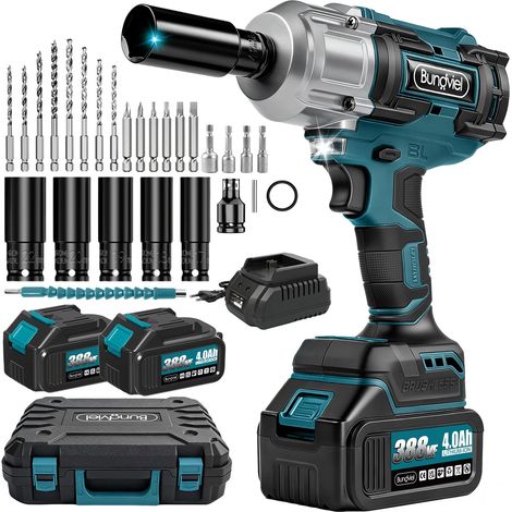 Visseuse à percussion sans fil compatible avec 18 V, 1000 N.m, visseuse à percussion sans balais avec 3600 tr/min, 2 batteries de 4,0 Ah et chargeur rapide, 5 prises à percussion pour pneus de
