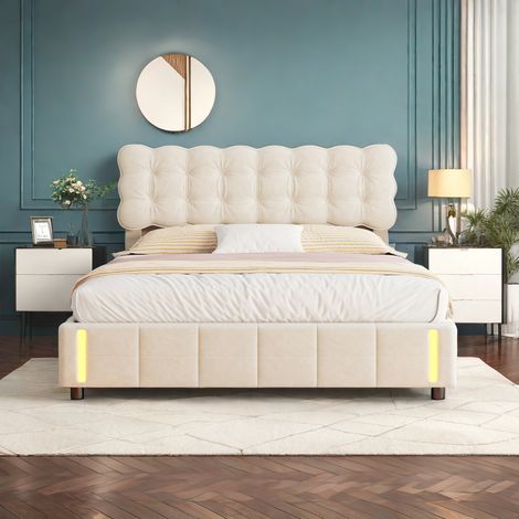 Sureh – Lit coffre 160x200 cm avec sommier à lattes en bois – Tête de lit capitonnée en velours beige – Mécanisme hydraulique avec éclairage LED — photo 2