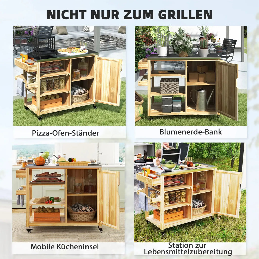 2026 Outsunny Grillwagen Outdoor Kücheninsel mit Rollen Massivholz