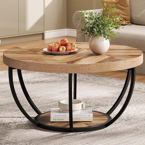 Tribesigns – Table basse ronde industrielle moderne 2 niveaux – Bois d'ingénierie et métal – Pour salon contemporain – Étagères pratiques — photo 1