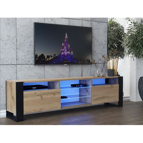 Dusine – Meuble TV 200 cm avec éclairage LED – Chêne mat et porte chêne – Style industriel – Rangement avec niches et étagères vitrées — photo 2