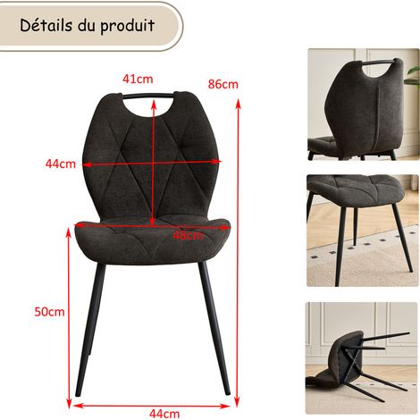 Wokaka Lot de 4 chaises - Chaise de salle à manger avec poignées -  Dossier en Tissu - Noir vintage — photo 5