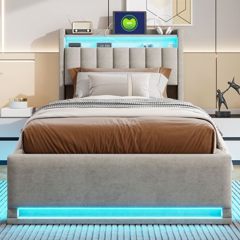 Dans Les Nuages – Lit coffre 90x190 cm avec éclairage LED – Tête de lit de rangement – Étagères intégrées – Sommier à lattes en bois – Velours gris — photo 2