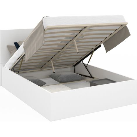 Idmarket – Lit coffre double SEASIDE 140 x 190 cm – Tête de lit – Sommier 24 lattes en bois – Coffre de rangement avec vérins de levage — photo 1