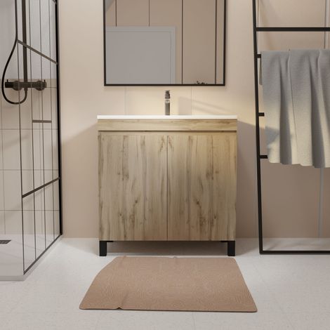 meuble de salle de bains 60 cm timber - décor chêne naturel à portes avec vasque céramique blanche — photo 1