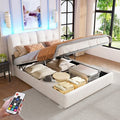Dans Les Nuages – Lit coffre 140x200 cm avec rangement – Tête de lit LED et USB – Sommier à lattes en bois – Cadre métal capitonné velours beige — photo 1