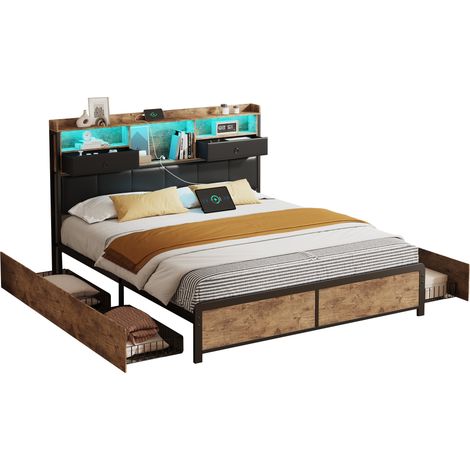 Dans Les Nuages – Lit double 140x200 cm avec 4 tiroirs – Tête de lit LED avec ports USB – Similicuir capitonné – Sommier à lattes en bois – Style industriel vintage — photo 2