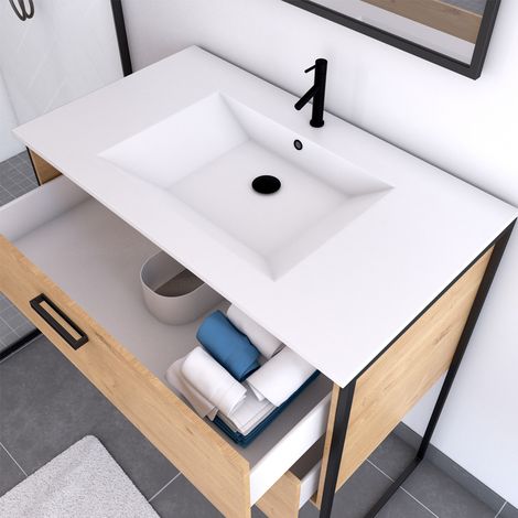 Aurlane – Ensemble meuble de salle de bain 90x45cm – Caisson MDF chêne naturel – Vasque céramique blanche avec trop plein – Miroir cadre noir mat — photo 2