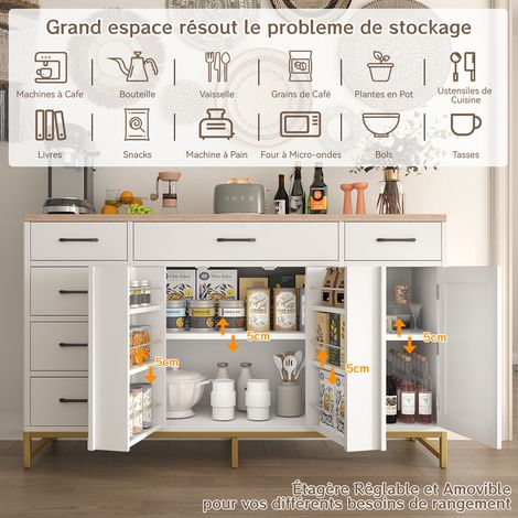 Buffet de Rangement Industriel Blanc – Meuble 140x40x80 cm avec 3 Portes, 6 Tiroirs et Étagères Réglables – Rangement Polyvalent pour Salon, Salle à Manger ou Bureau — photo 2