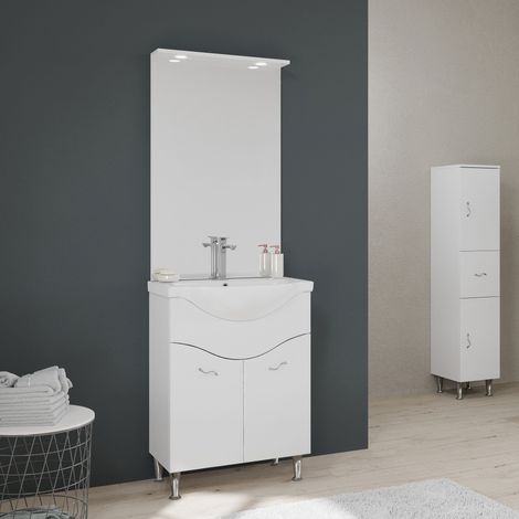 Kiamami Valentina – Meuble de salle de bain sur pieds 65 cm – 2 portes – Lavabo en céramique – Miroir avec spots LED – Finition blanc brillant — photo 1