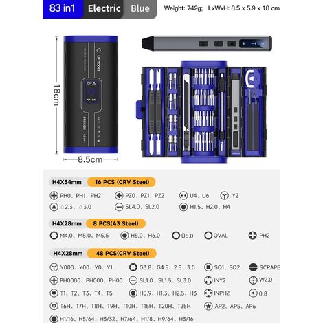 (Bleu) Jeu de tournevis électrique avec mini-forets, adapté à la réparation de téléphones portables et d'ordinateurs.