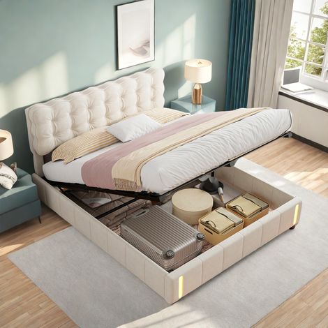 Sureh – Lit coffre 160x200 cm avec sommier à lattes en bois – Tête de lit capitonnée en velours beige – Mécanisme hydraulique avec éclairage LED — photo 1