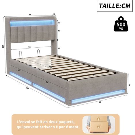 Dans Les Nuages – Lit coffre 90x190 cm avec éclairage LED – Tête de lit de rangement – Étagères intégrées – Sommier à lattes en bois – Velours gris — photo 5