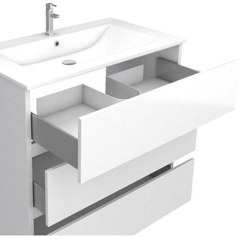 ensemble meuble de salle de bain blanc 80 cm sur pied 3 tiroirs + vasque ceramique blanche + miroir — photo 5