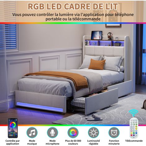 Lit 90x200 cm, avec quatre tiroirs, éclairage LED réglable, 2 USB et 1 fonction de charge tpcy-c, lin, convient aux adultes et aux adolescents, Beige — photo 4