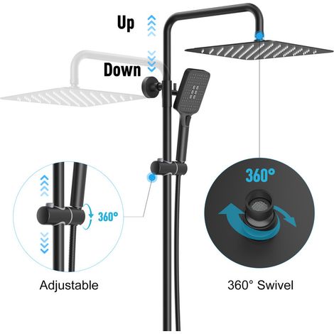 Colonne de douche thermostatique noire – Douche de tête carrée 30 x 30 cm en acier inoxydable – Thermostat avec sécurité à 38℃ – Pommeau pivotant 360° — photo 3