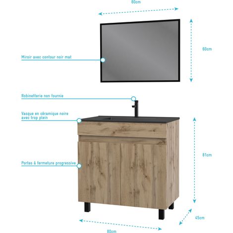meuble salle de bain 80x80 cm - finition chene naturel + vasque noire + miroir - timber 80 - pack05 — photo 4