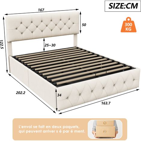 Dans Les Nuages – Lit coffre 160x200 cm – Rangement pratique avec mécanisme à vérin à gaz – Cadre en métal et sommier à lattes en bois – Velours beige capitonné — photo 5