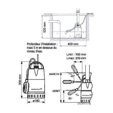 Grundfos – Pompe vide cave UNILIFT CC – Station de relevage pour eaux claires – Hauteur de refoulement max 3m – Monophasée, 250W, acier inoxydable