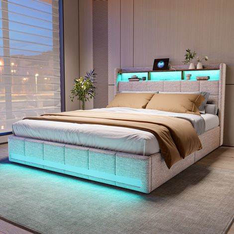 Lit 140 x 200 avec sommier,lit 2 personnes avec tiroirs et étagères de rangement ouvertes,lit double rembourré avec LED et USB,lit 140 x 200 avec sommier à lattes en bois, lin beige — photo 3