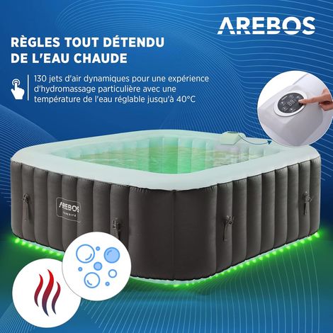 Spa Gonflable AREBOS - Automatique - 185x185cm - 6 Personnes - Bande Lumineuse LED - 130 Jets de Massage - 910 L - Noir — photo 2