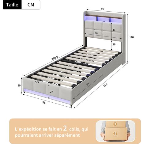 Lit 90x200 cm, avec quatre tiroirs, éclairage LED réglable, 2 USB et 1 fonction de charge tpcy-c, lin, convient aux adultes et aux adolescents, Beige — photo 2