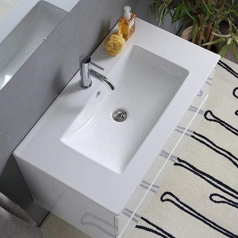 Kiamami Valentina – Meuble de salle de bain suspendu blanc brillant 80cm – 2 tiroirs avec fermeture soft-close – Lavabo en céramique – Miroir 80x60 avec lampe — photo 4
