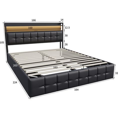 Lit coffre 160x200 cm avec sommier à lattes, lit double capitonné, tête de lit avec rangement, éclairage LED RGB, USB/ C, PU - Noir — photo 5