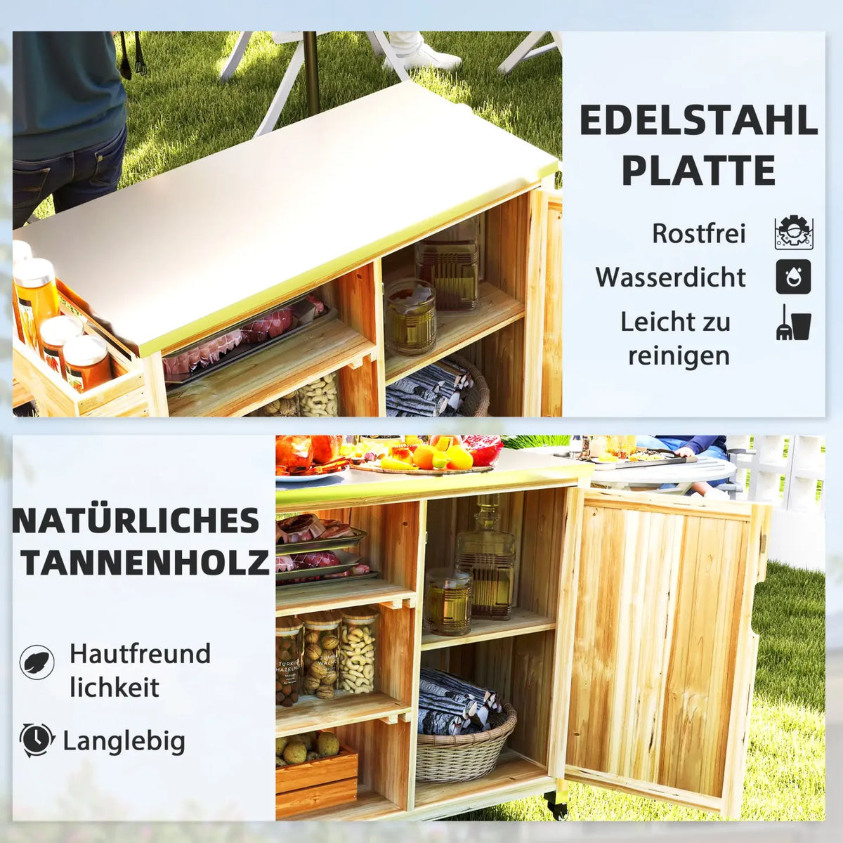2026 Outsunny Grillwagen Outdoor Kücheninsel mit Rollen Massivholz