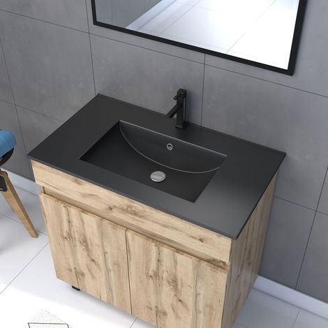 meuble salle de bain 80x80 cm - finition chene naturel + vasque noire + miroir - timber 80 - pack05 — photo 2