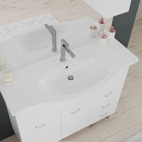 Kiamami Valentina – Ensemble meuble salle de bain 105 cm – Lavabo céramique – Miroir avec éclairage LED – 2 portes et 3 tiroirs – Blanc brillant — photo 6